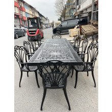 100x300 cm. dikdörtgen ferforje döküm masa ve on kişilik yemek masası